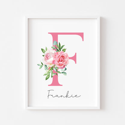 Personalised pink roses floral initial name print, bedroom nursery home unframed wall art poster print, initial print, floral nursery print