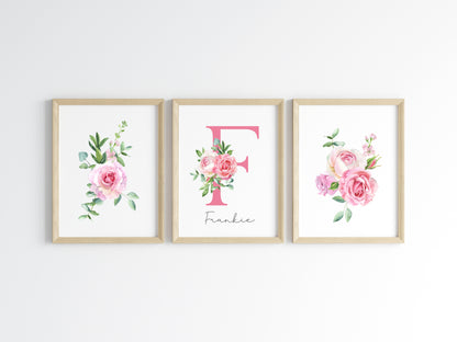 Set of 3 pink roses floral Initial personalised girls bedroom wall art poster prints, personalised with name, girls bedroom decor, pink