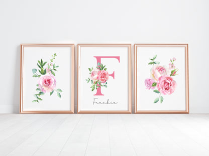 Set of 3 pink roses floral Initial personalised girls bedroom wall art poster prints, personalised with name, girls bedroom decor, pink