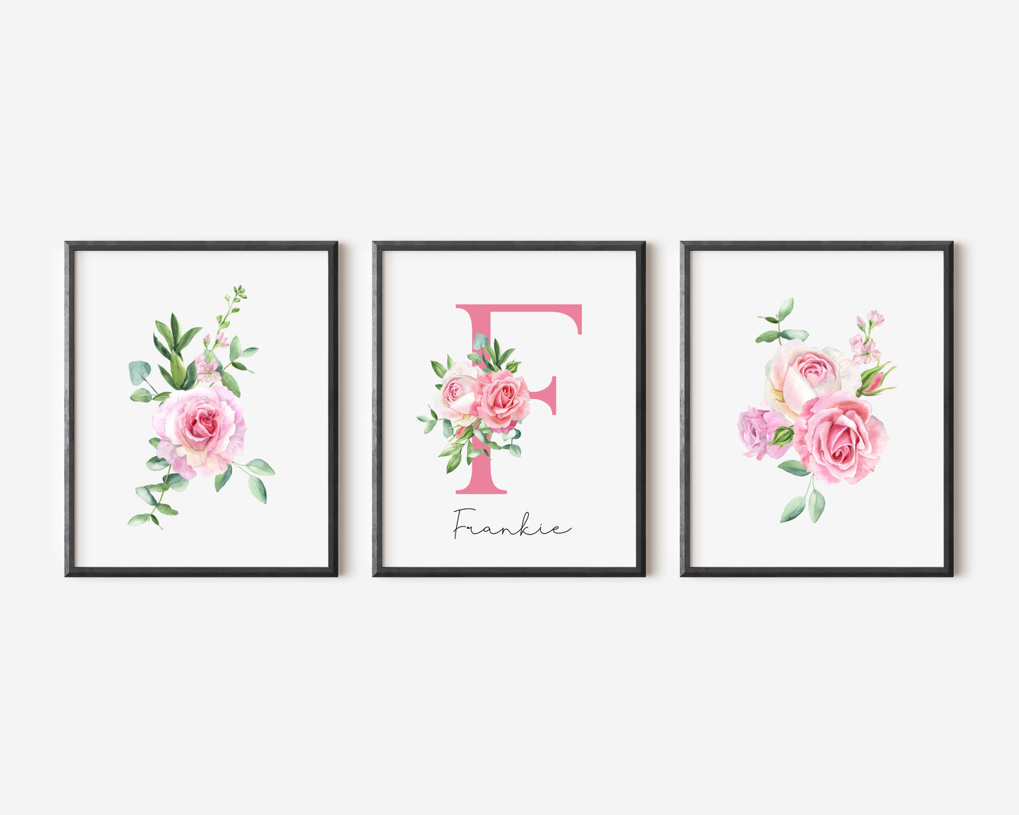 Set of 3 pink roses floral Initial personalised girls bedroom wall art poster prints, personalised with name, girls bedroom decor, pink