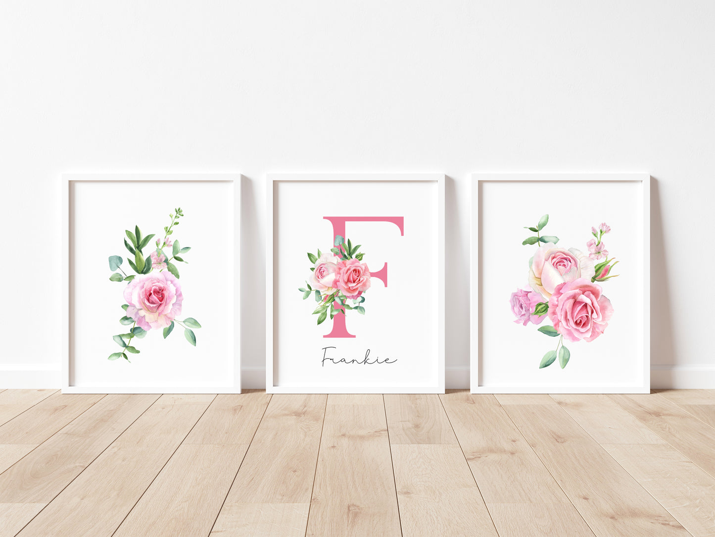 Set of 3 pink roses floral Initial personalised girls bedroom wall art poster prints, personalised with name, girls bedroom decor, pink