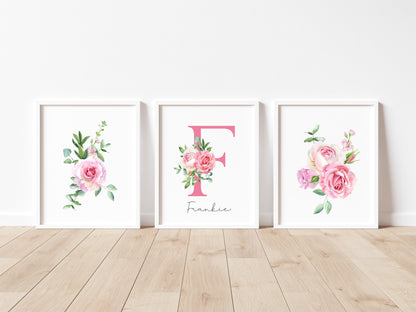 Set of 3 pink roses floral Initial personalised girls bedroom wall art poster prints, personalised with name, girls bedroom decor, pink