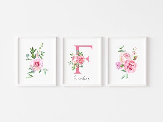 Set of 3 pink roses floral Initial personalised girls bedroom wall art poster prints, personalised with name, girls bedroom decor, pink