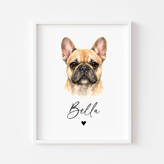 Personalised French Bulldog  Print Custom Frenchie Name Pet portrait - 8 colours, unframed wall art