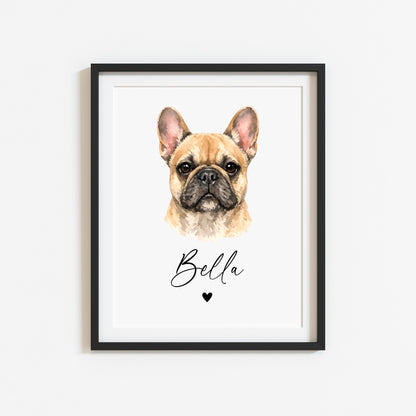 Personalised French Bulldog  Print Custom Frenchie Name Pet portrait - 8 colours, unframed wall art