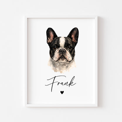 Personalised French Bulldog  Print Custom Frenchie Name Pet portrait - 8 colours, unframed wall art