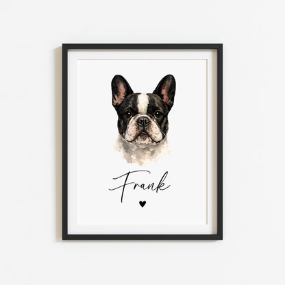 Personalised French Bulldog  Print Custom Frenchie Name Pet portrait - 8 colours, unframed wall art