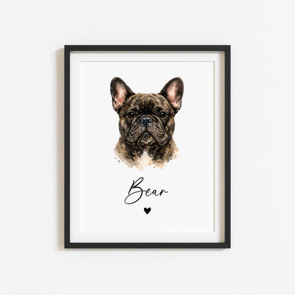 Personalised French Bulldog  Print Custom Frenchie Name Pet portrait - 8 colours, unframed wall art