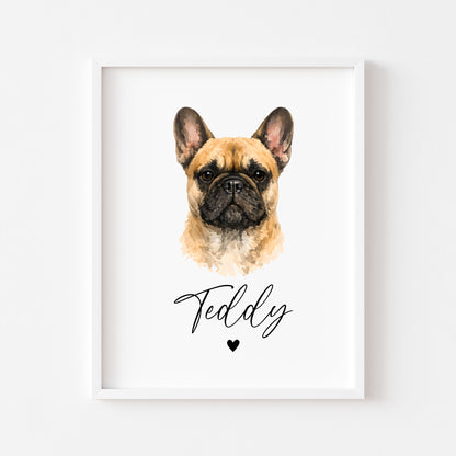 Personalised French Bulldog  Print Custom Frenchie Name Pet portrait - 8 colours, unframed wall art