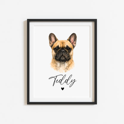 Personalised French Bulldog  Print Custom Frenchie Name Pet portrait - 8 colours, unframed wall art