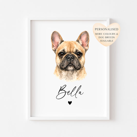 Personalised French Bulldog  Print Custom Frenchie Name Pet portrait - 8 colours, unframed wall art