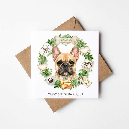 Personalised Dog Christmas card, French Bulldog custom pet name xmas card