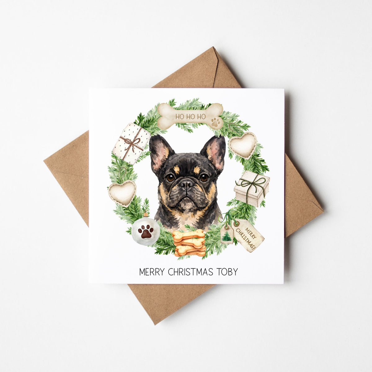 Personalised Dog Christmas card, French Bulldog custom pet name xmas card
