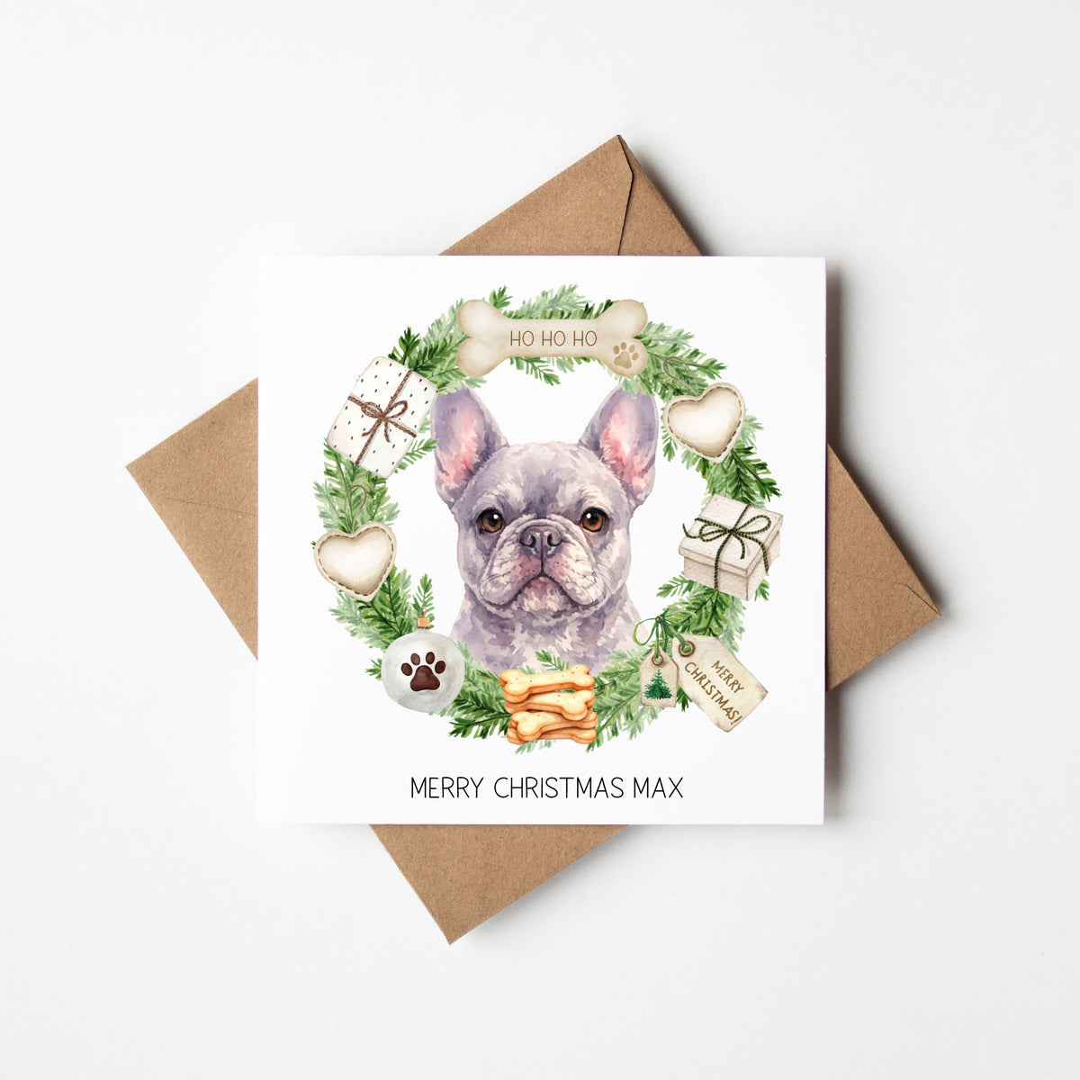 Personalised Dog Christmas card, French Bulldog custom pet name xmas card