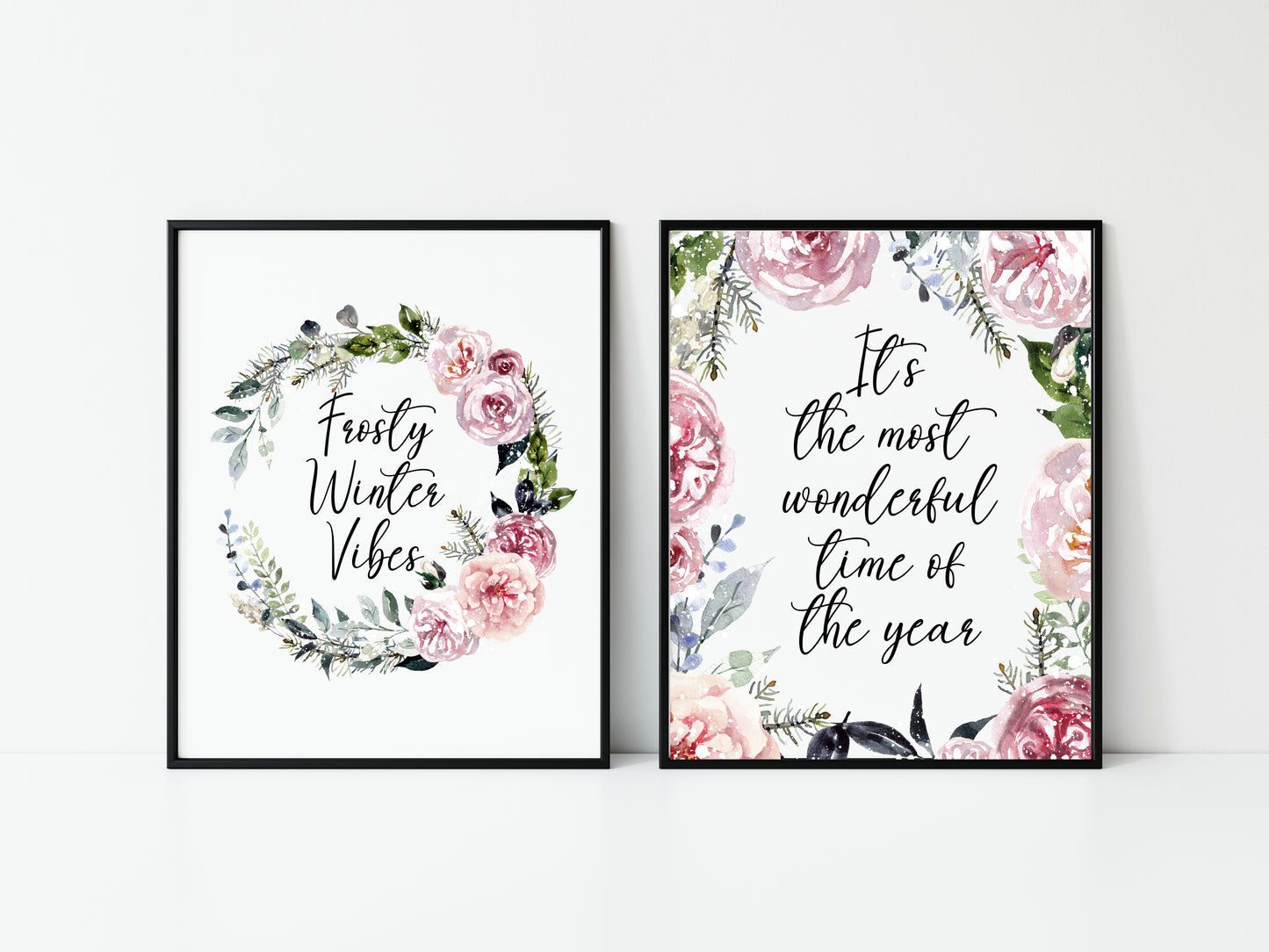 Set of 2, Frosty winter Vibes & It's the most wonderful time of the year seasonal unframed wall art poster prints