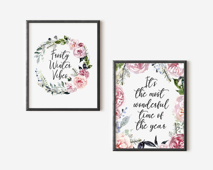 Set of 2, Frosty winter Vibes & It's the most wonderful time of the year seasonal unframed wall art poster prints