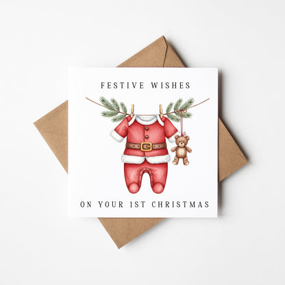Babies 1st Christmas Card festive wishes Santa outfit & teddy seasonal card with envelope