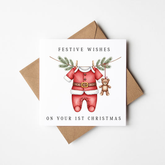 Babies 1st Christmas Card festive wishes Santa outfit & teddy seasonal card with envelope