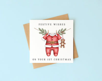Babies 1st Christmas Card festive wishes Santa outfit & teddy seasonal card with envelope