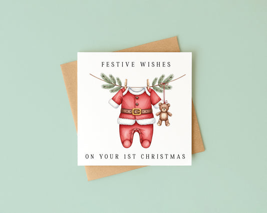 Babies 1st Christmas Card festive wishes Santa outfit & teddy seasonal card with envelope