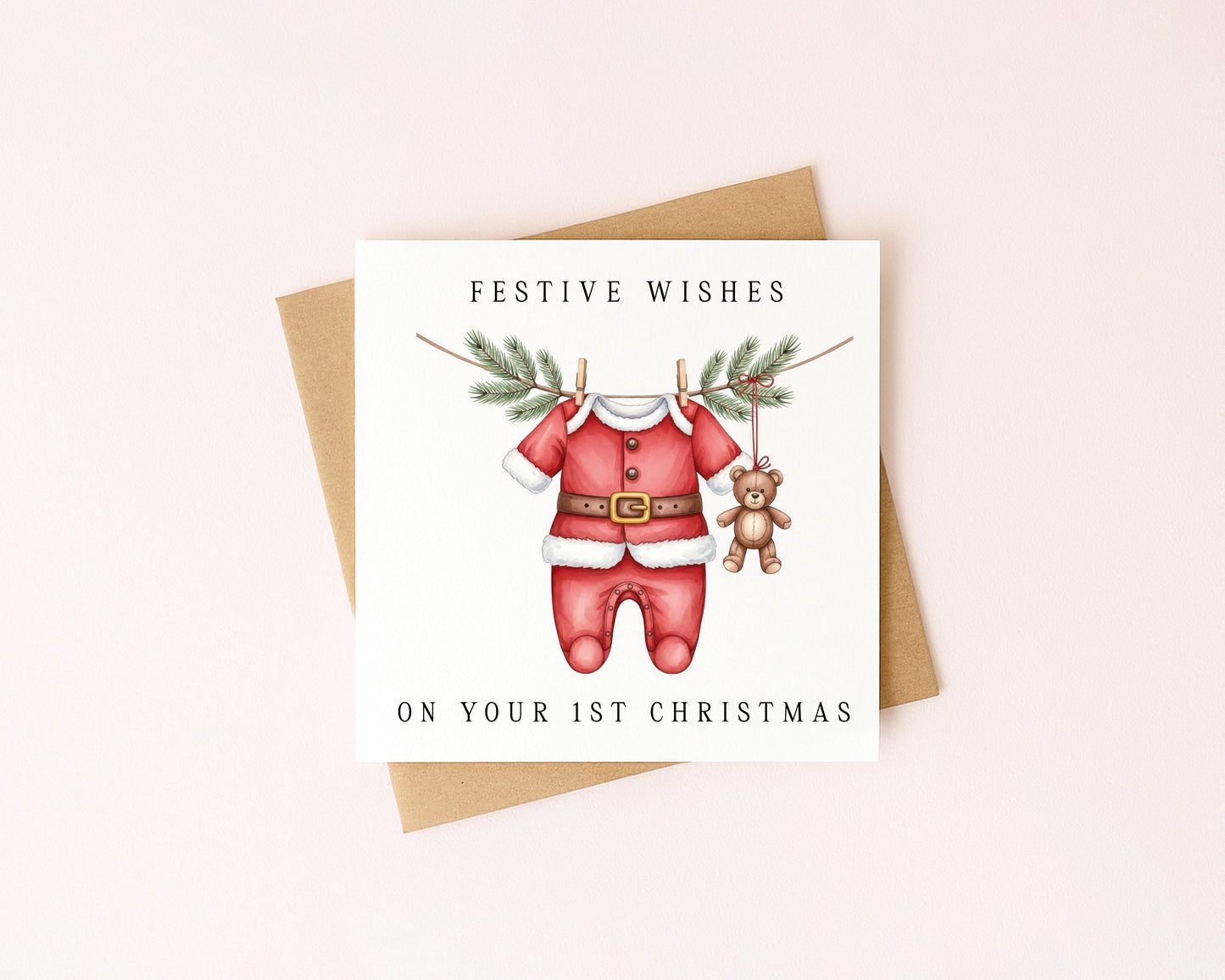 Babies 1st Christmas Card festive wishes Santa outfit & teddy seasonal card with envelope