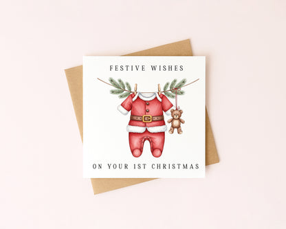 Babies 1st Christmas Card festive wishes Santa outfit & teddy seasonal card with envelope