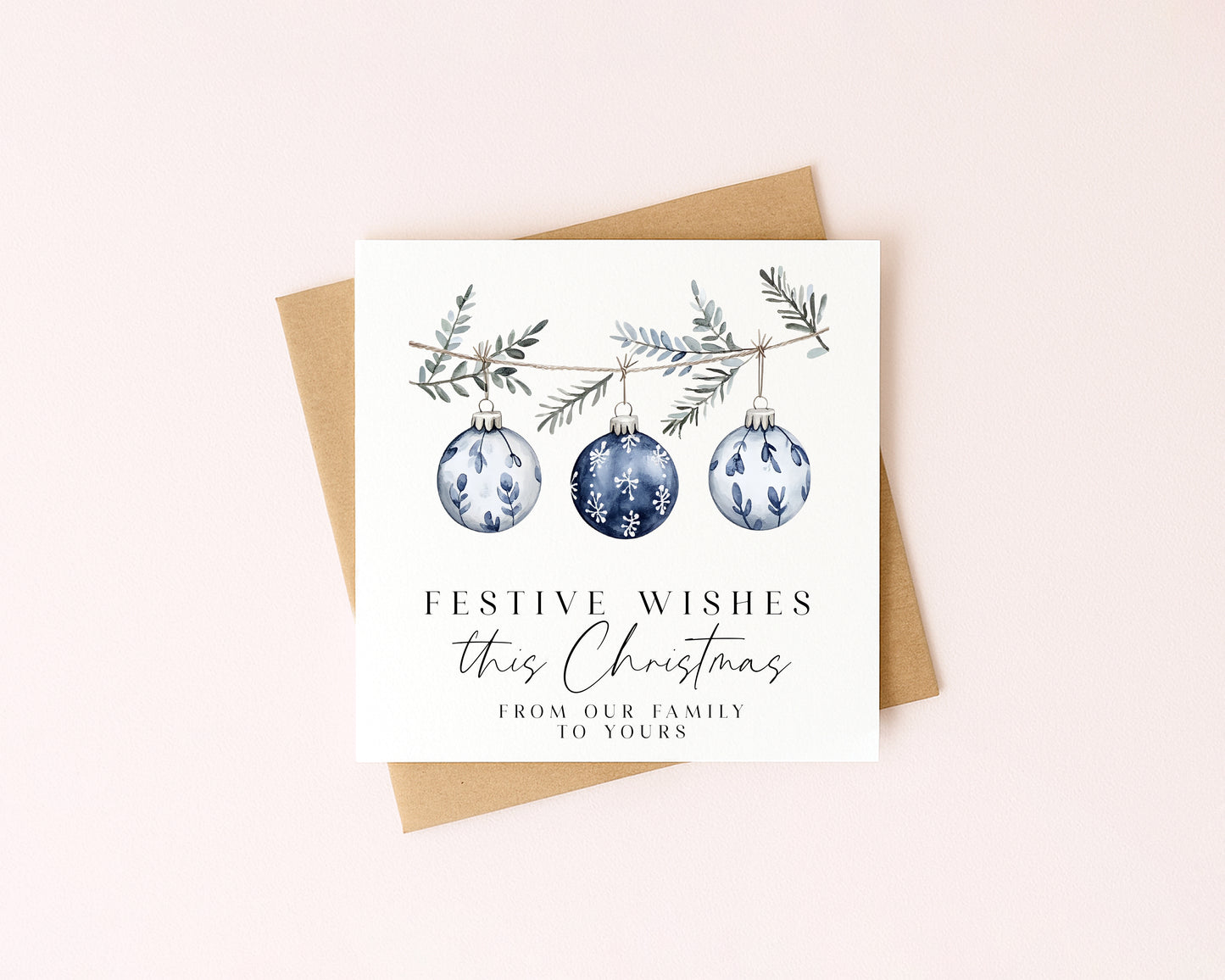 Festive wishes blue hanging decoration from our family to yours Christmas Card (with Envelope)