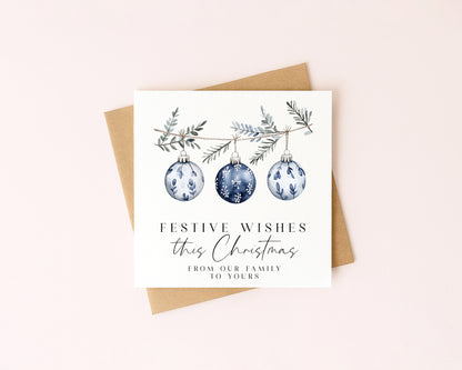 Festive wishes blue hanging decoration from our family to yours Christmas Card (with Envelope)