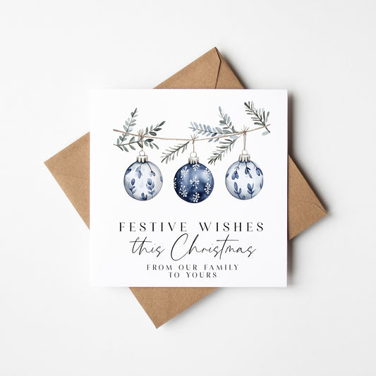 Festive wishes blue hanging decoration from our family to yours Christmas Card (with Envelope)