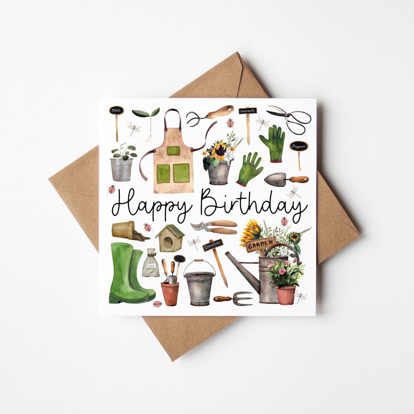 Gardening Birthday Card Watercolour mood board Design with Kraft Envelope