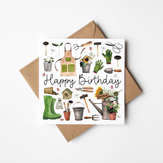 Gardening Birthday Card Watercolour mood board Design with Kraft Envelope