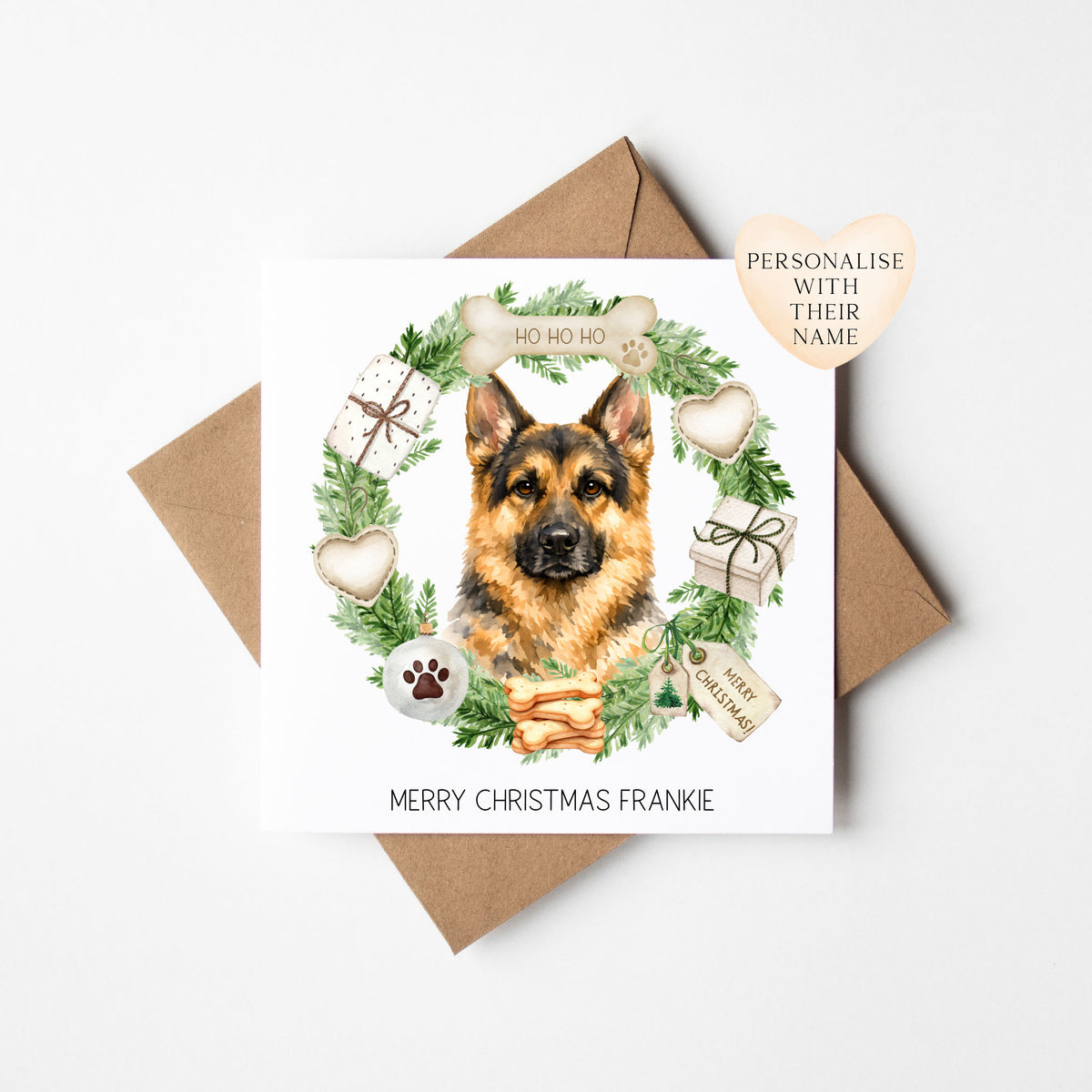 Personalised Dog Christmas card, German Shepard custom pet name xmas card
