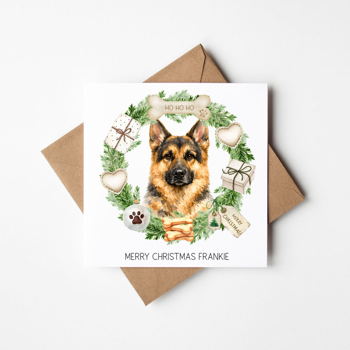 Personalised Dog Christmas card, German Shepard custom pet name xmas card
