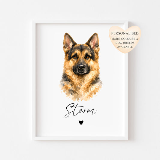 Personalised German Shepherd Dog Print Custom Name Pet portrait watercolour unframed wall art