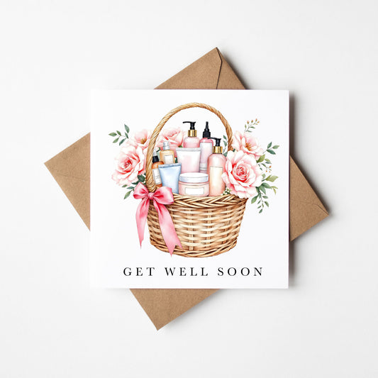 Get well soon card, self care make up floral basket of goodies watercolour feel better card with envelope