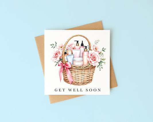 Get well soon card, self care make up floral basket of goodies watercolour feel better card with envelope