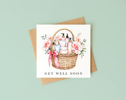 Get well soon card, self care make up floral basket of goodies watercolour feel better card with envelope