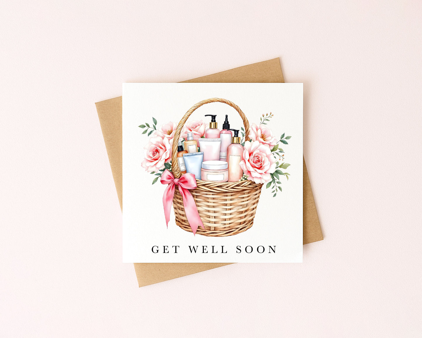 Get well soon card, self care make up floral basket of goodies watercolour feel better card with envelope