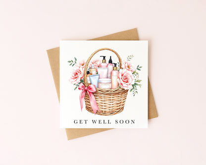 Get well soon card, self care make up floral basket of goodies watercolour feel better card with envelope