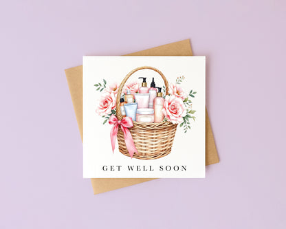 Get well soon card, self care make up floral basket of goodies watercolour feel better card with envelope