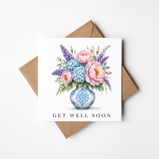 Get well soon card, peonies & hydrangeas bouquet watercolour feel better card with envelope