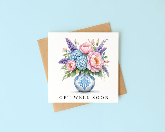 Get well soon card, peonies & hydrangeas bouquet watercolour feel better card with envelope