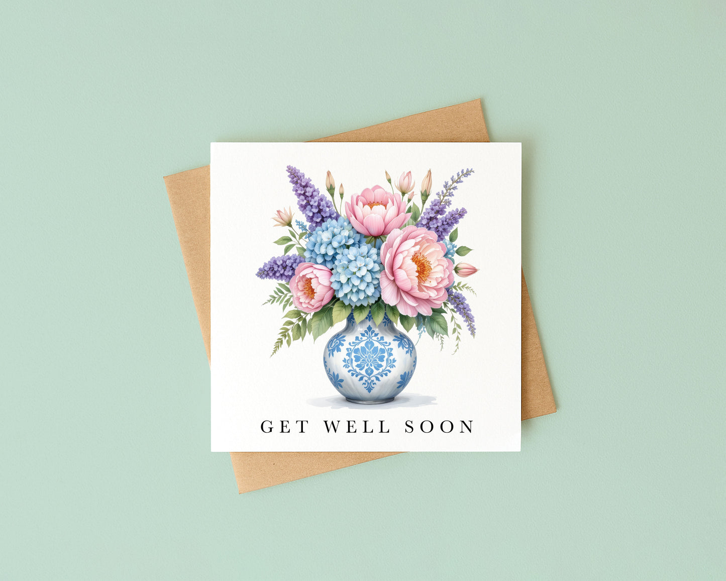 Get well soon card, peonies & hydrangeas bouquet watercolour feel better card with envelope
