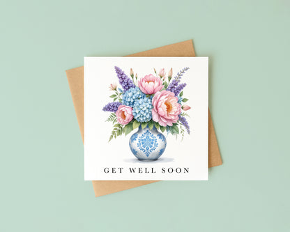 Get well soon card, peonies & hydrangeas bouquet watercolour feel better card with envelope