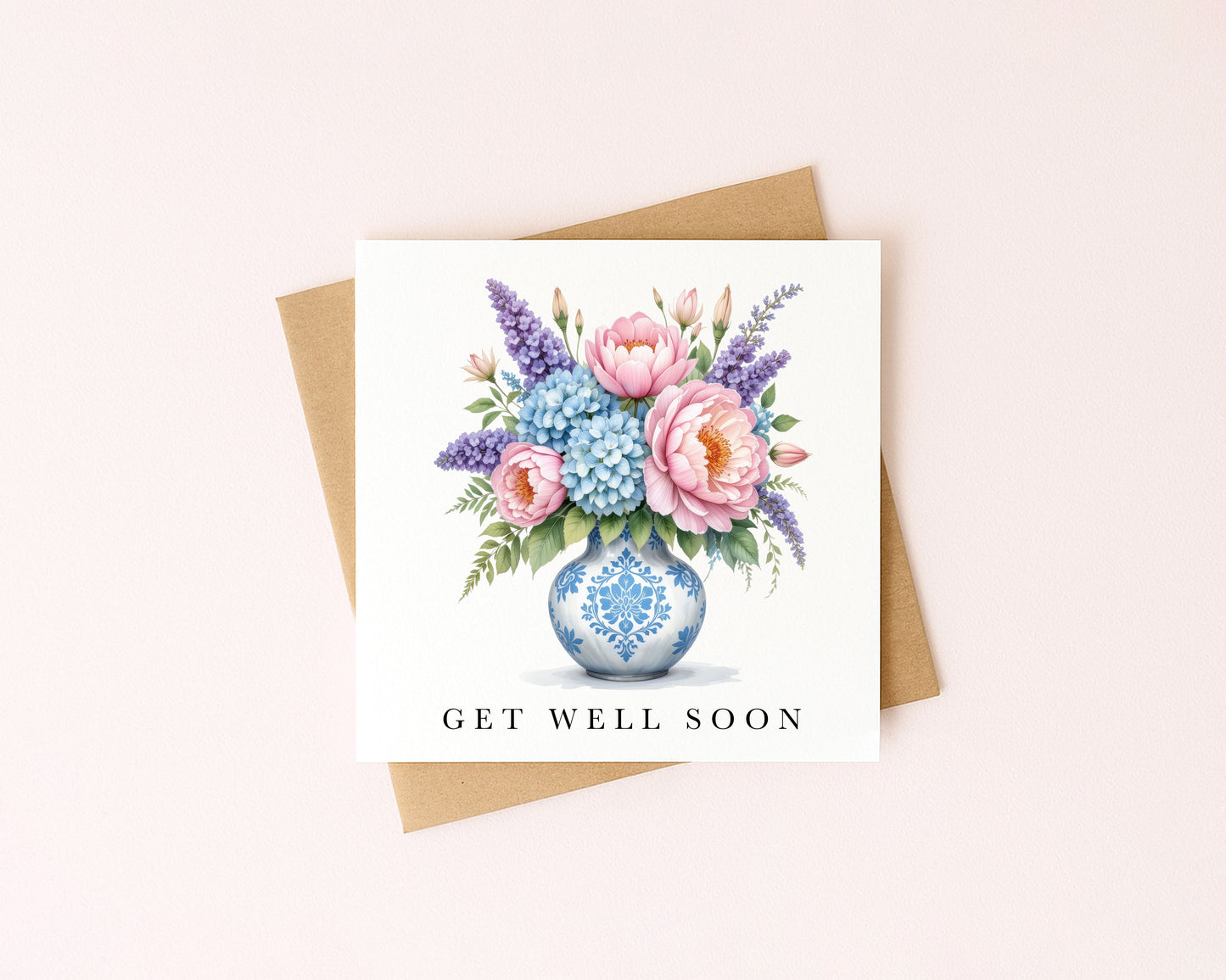 Get well soon card, peonies & hydrangeas bouquet watercolour feel better card with envelope