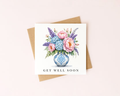 Get well soon card, peonies & hydrangeas bouquet watercolour feel better card with envelope
