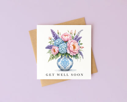 Get well soon card, peonies & hydrangeas bouquet watercolour feel better card with envelope