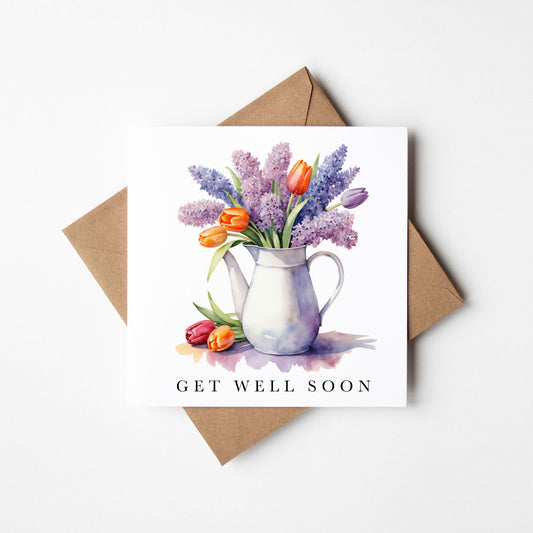 Get well soon card, tulips & lavender bouquet watercolour feel better card with envelope