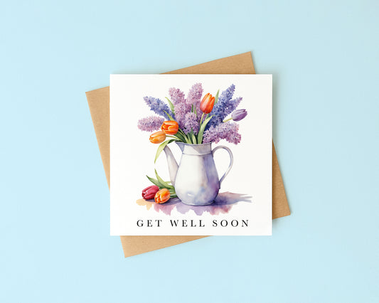 Get well soon card, tulips & lavender bouquet watercolour feel better card with envelope