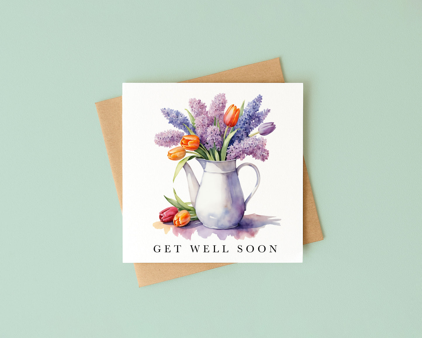 Get well soon card, tulips & lavender bouquet watercolour feel better card with envelope